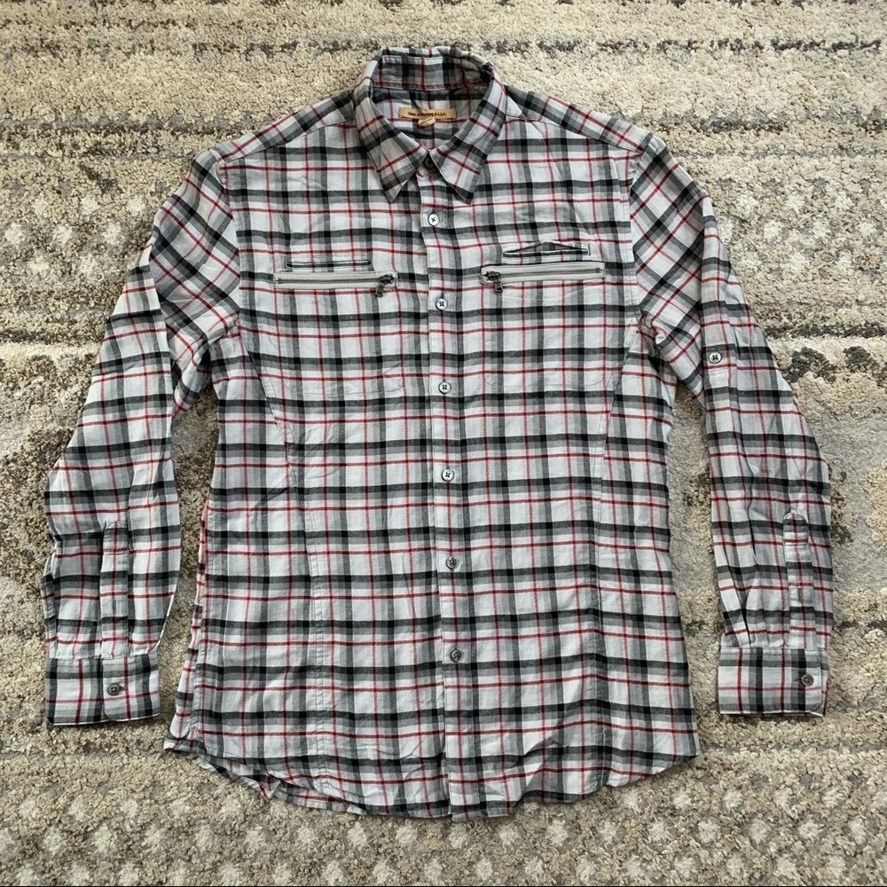 John Varvatos Gray Red Plaid Zipper Pockets Button Up Small